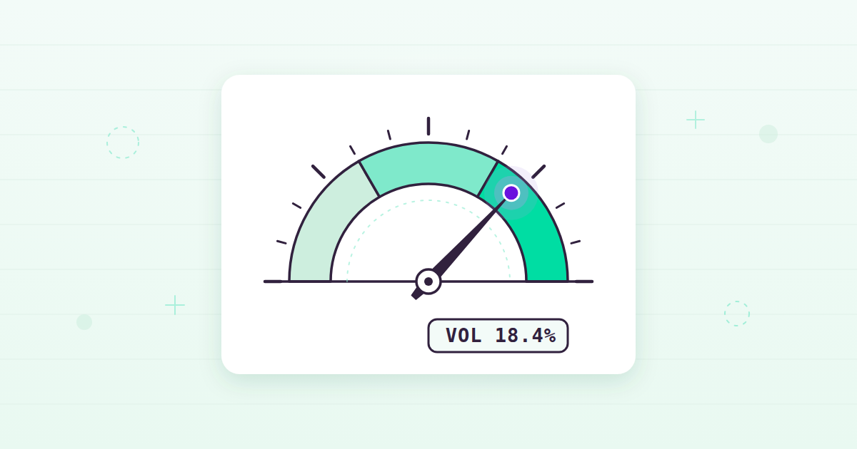 Flat illustration of a semicircular volatility gauge with a needle pointing into the higher range