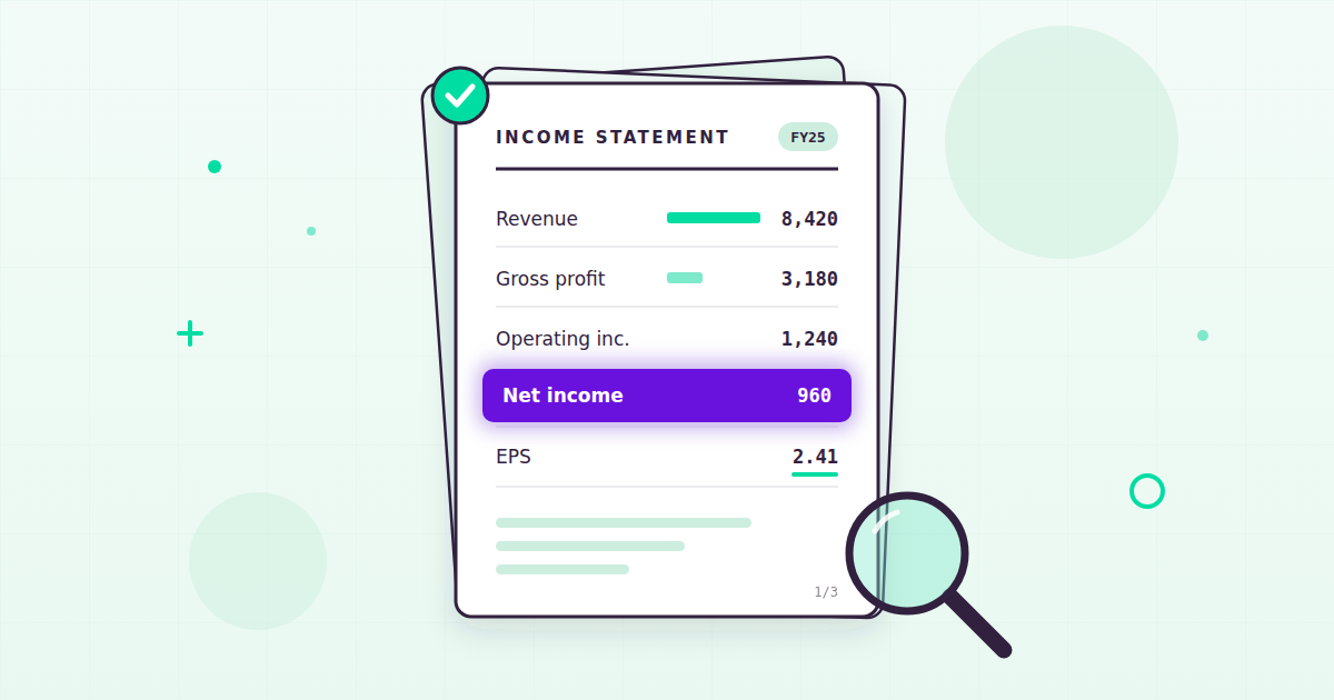 Flat illustration of a financial statement page with line items and one highlighted net income row