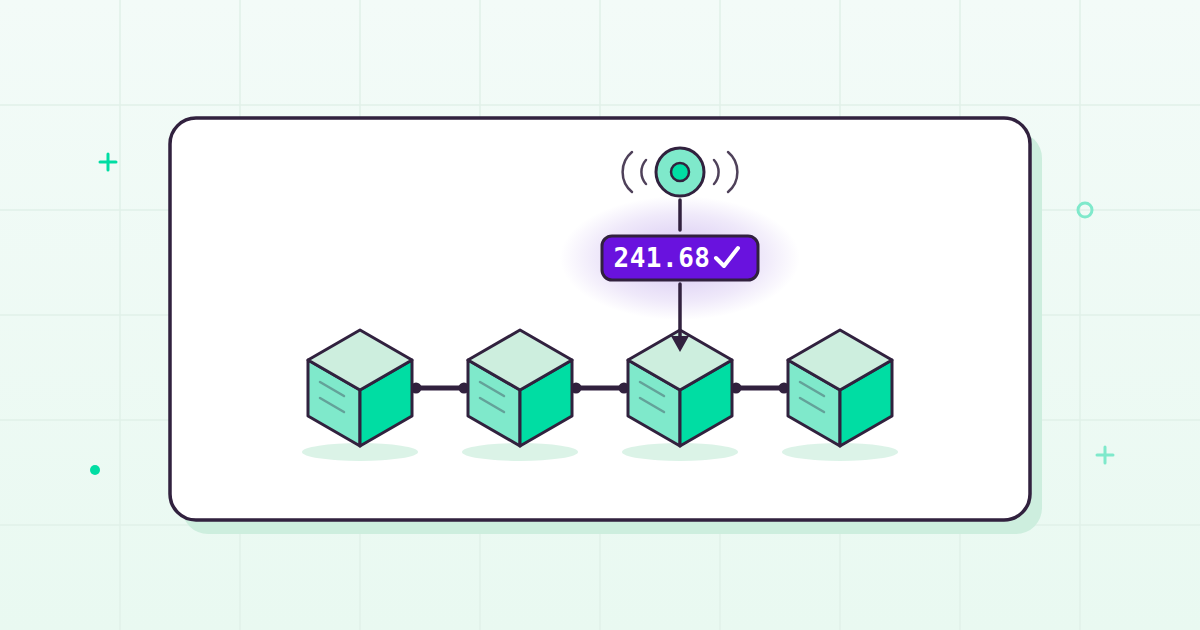 Flat isometric blockchain with an oracle node delivering a signed price value onto one of the blocks