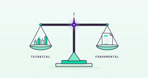 Flat illustration of a level balance scale weighing candlesticks (technical) against a financial statement (fundamental)