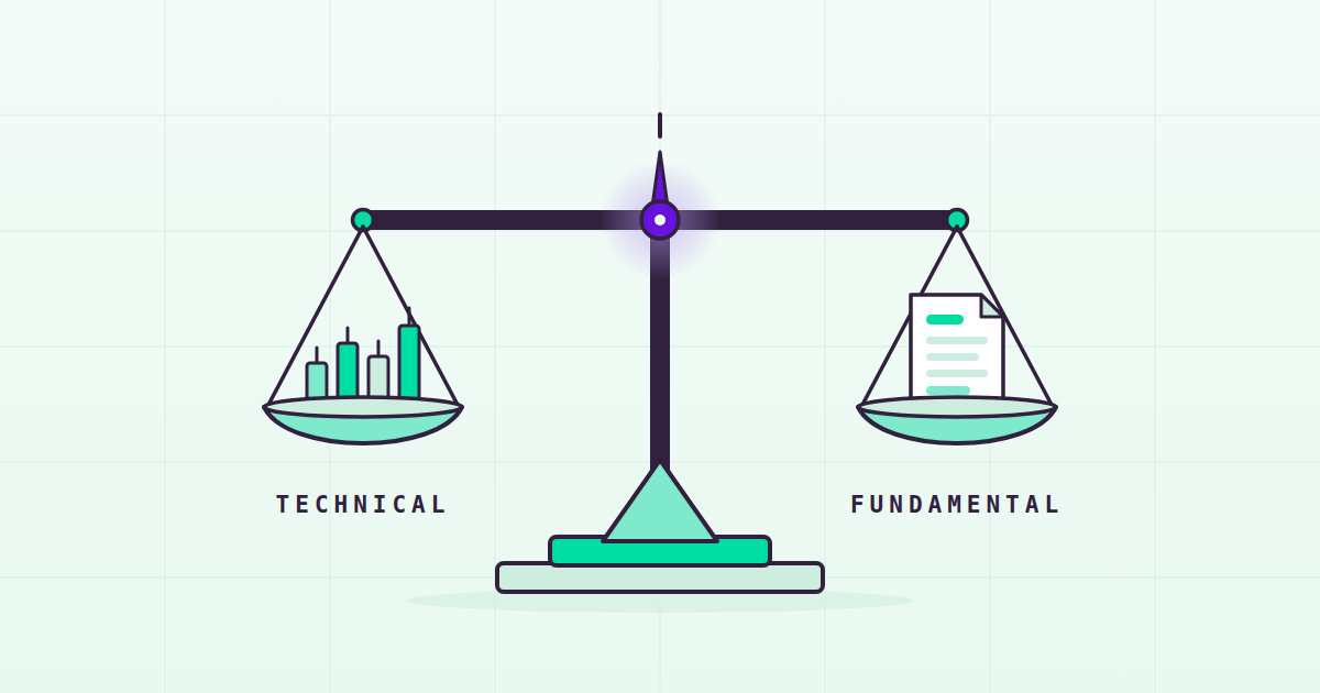 Flat illustration of a level balance scale weighing candlesticks (technical) against a financial statement (fundamental)