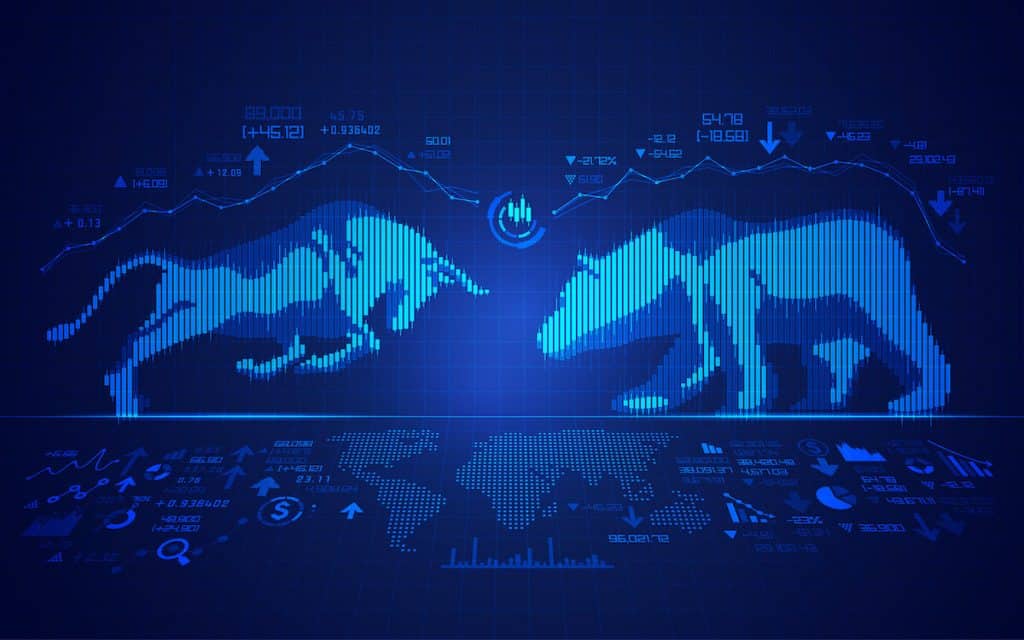 Technical analysis vs fundamental analysis: hologram of a bull and a bear facing each other