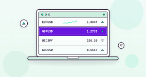 Flat illustration of a laptop showing a live forex quote board with EURUSD, GBPUSD, USDJPY and AUDUSD rates