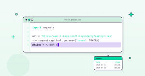 Flat illustration of a code editor window showing Python fetching market data from an API