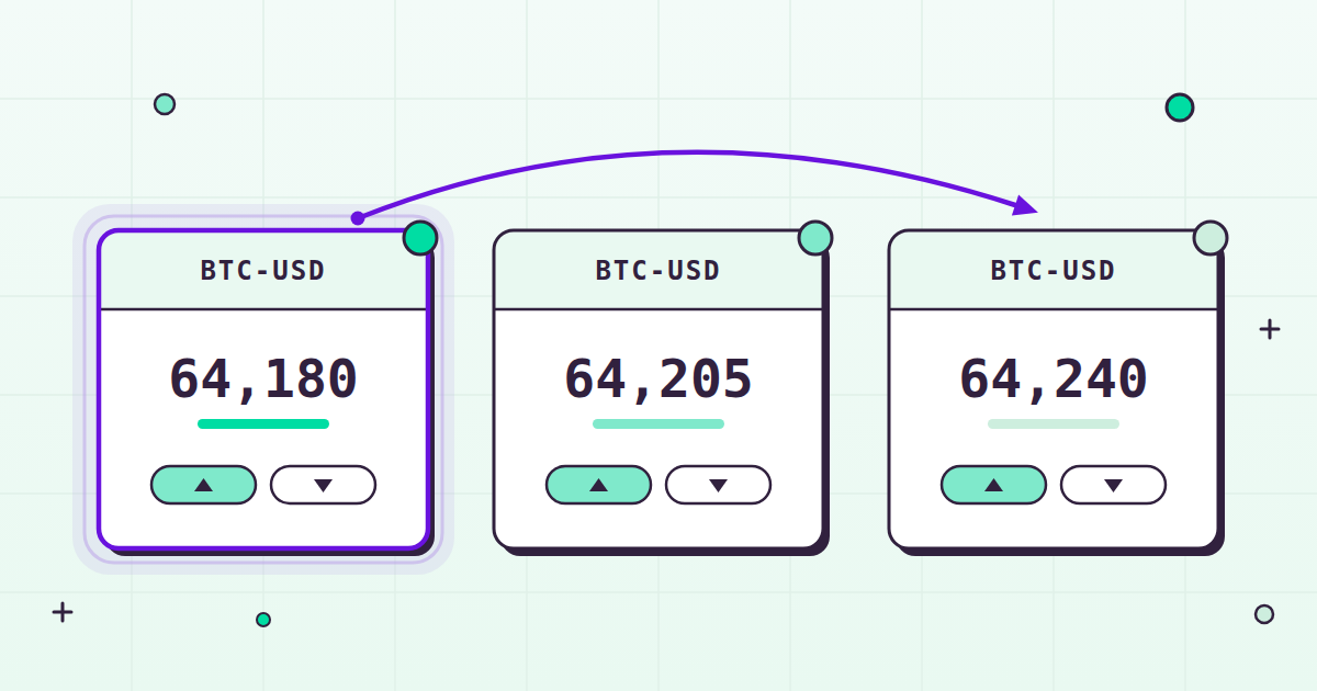 Flat illustration of the same crypto asset priced differently on three venues, showing the spread that enables arbitrage