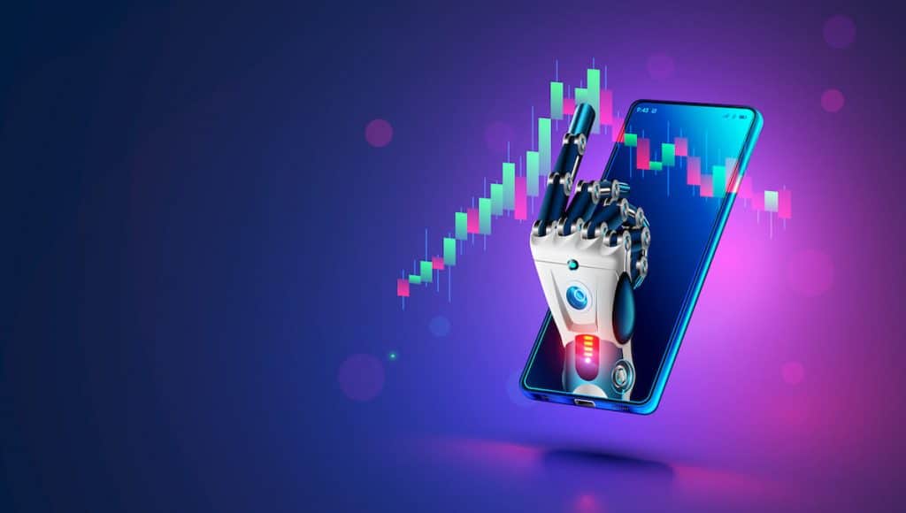 Robot hand in a phone screen representing stock trading ai