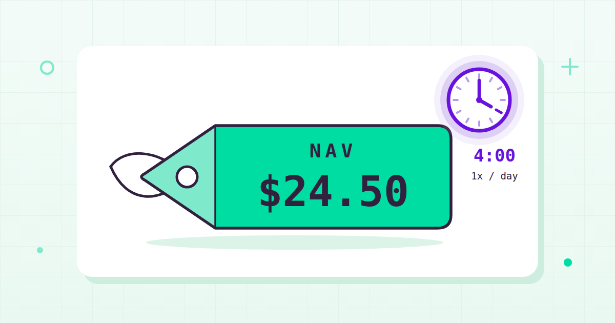 Flat illustration of a NAV price tag reading 24.50 dollars with a 4 o'clock clock badge, showing funds price once daily after close