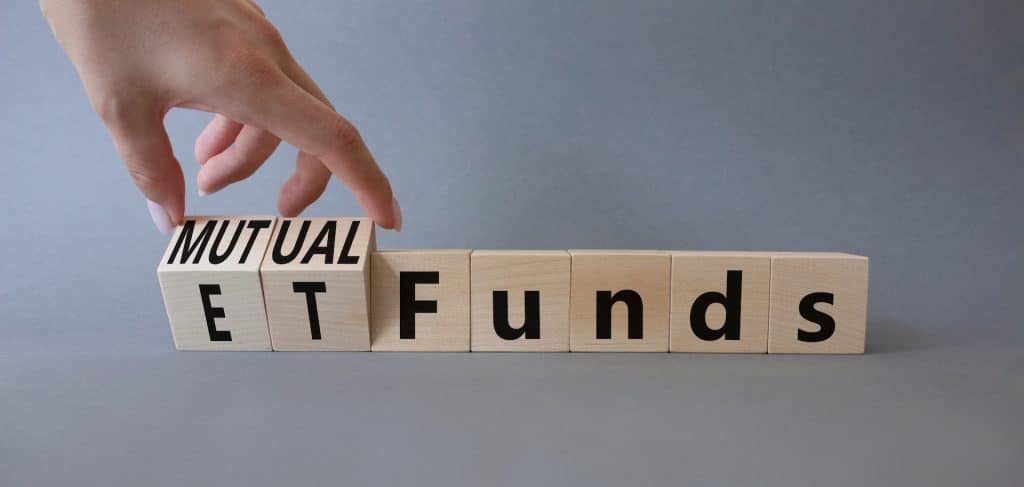 Mutual Fund and ETF wooden block