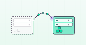 Flat illustration of data migrating from a retired API server card to an active replacement server card