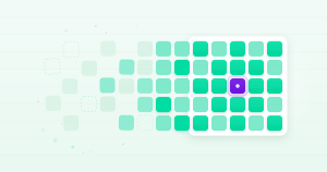 Abstract mint and lilac mosaic showing scattered incomplete tiles resolving into a complete, solid grid