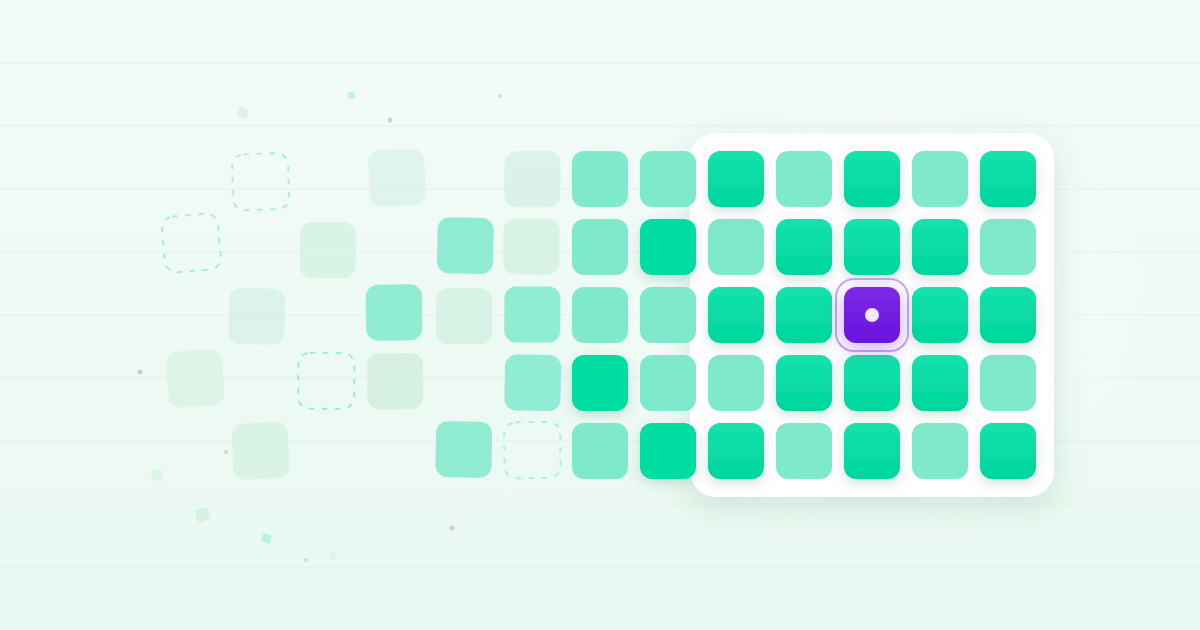 Abstract mint and lilac mosaic showing scattered incomplete tiles resolving into a complete, solid grid