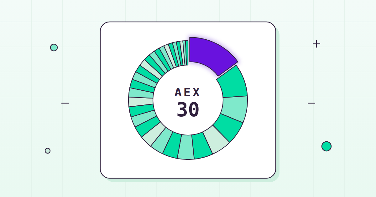 Flat illustration of a 30-segment index ring for the AEX with one highlighted top constituent