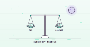 A balance scale held level with comment letters weighed for and against 24X National Exchange overnight trading, under a crescent moon