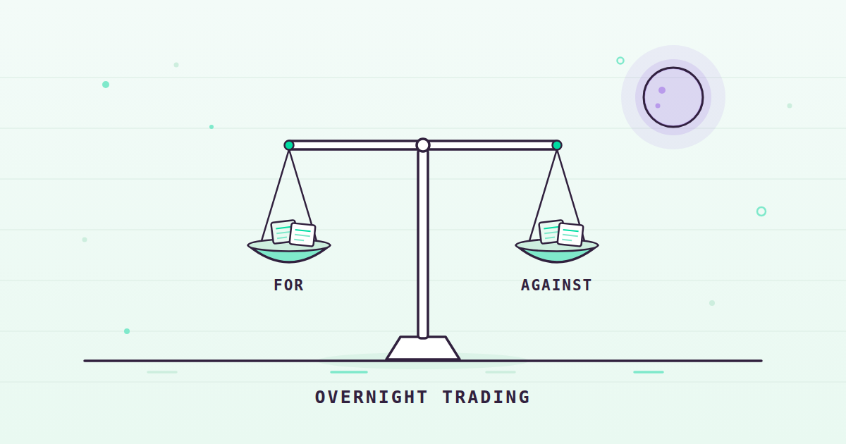 A balance scale held level with comment letters weighed for and against 24X National Exchange overnight trading, under a crescent moon